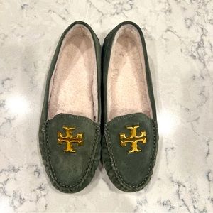 Tory Burch Suede Shearling Driving Moccasins Size 10 Green